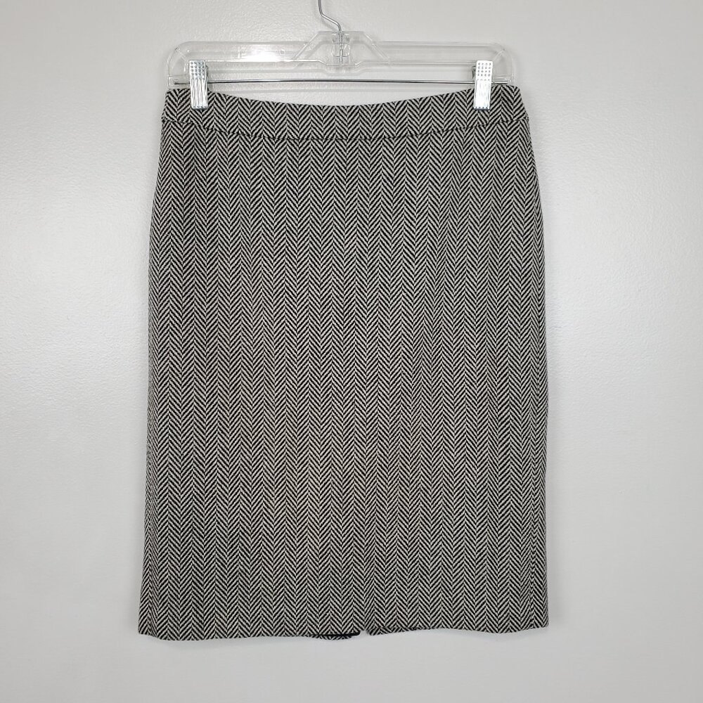 J. Crew Classic Black Cream Herringbone Wool Blend Career Pencil Skirt Size 2